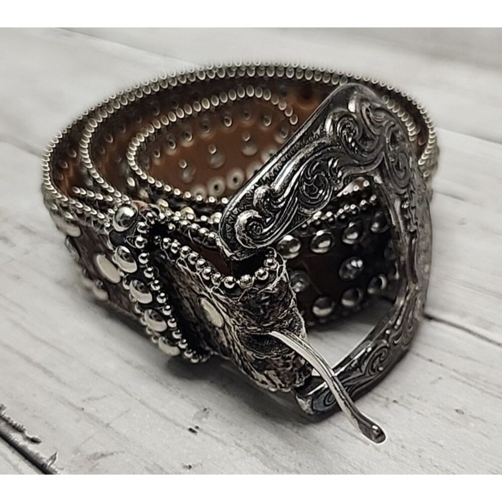 VTG Y2K Leather Buckle Belt NOCONA Animal Print 24 S Western RHINESTONE Studded - Picture 2 of 12